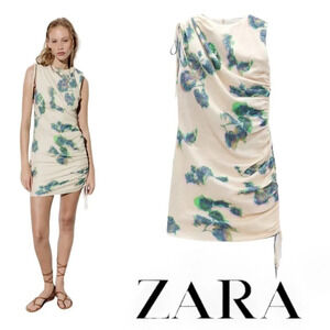 ZARA | Ecru | PRINTED LINEN BLEND DRESS
